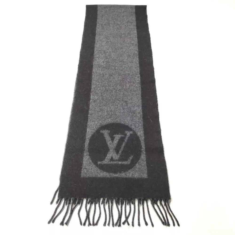 Authentic Louis Vuitton Gray Black Cashmere LV Monogram Baroda Scarf Stole Wrap